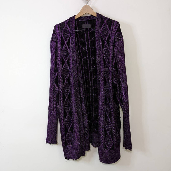 RtA Purple Metallic Distressed Cableknit Cardigan Sweater Size Medium Preowned - Picture 2 of 9